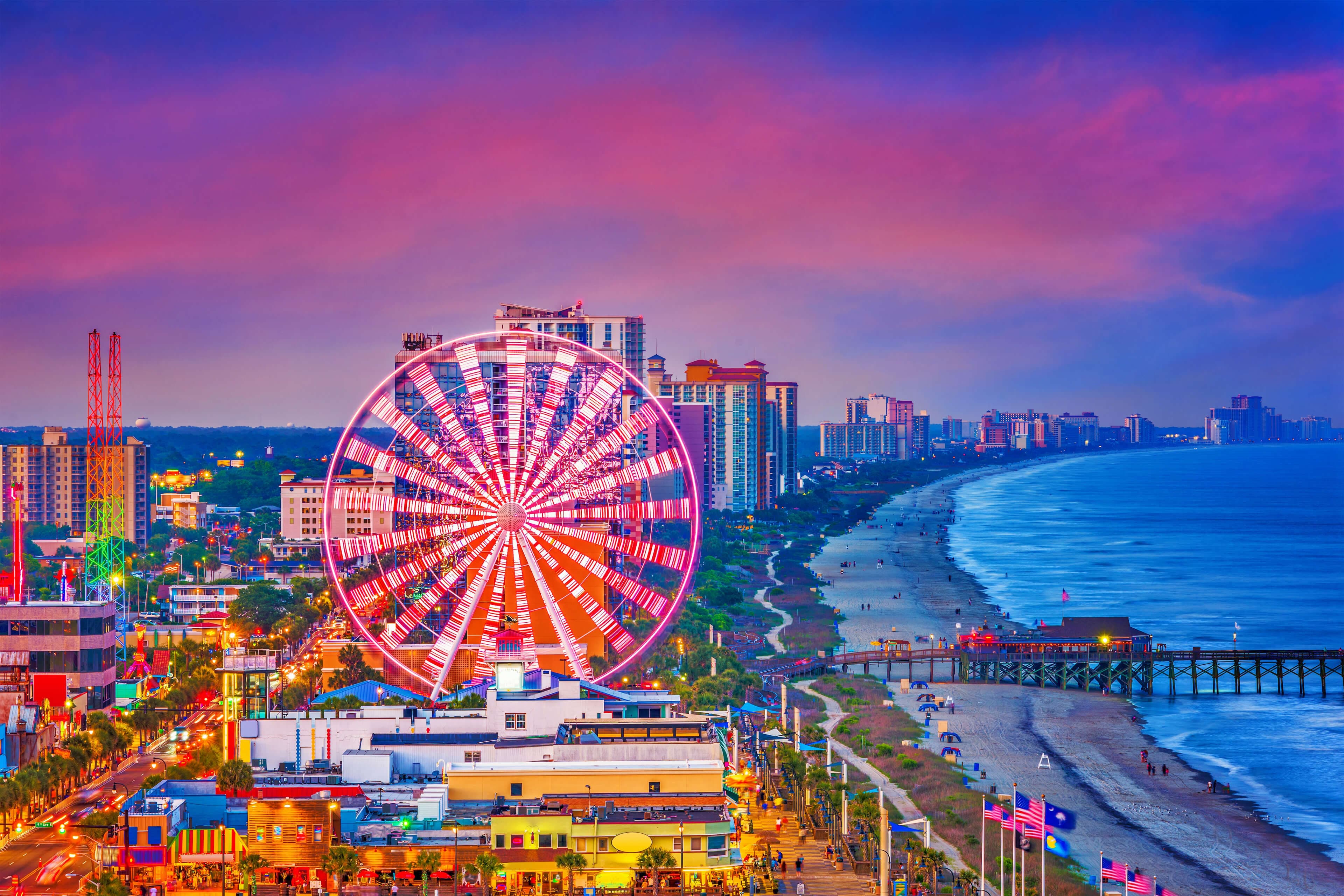 Ariel view of a beach-side ferris wheel in Myrtle Beach, South Carolina